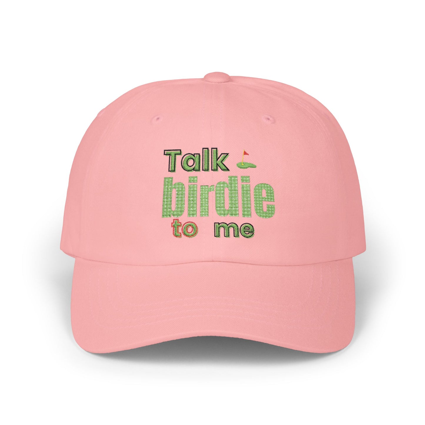 Talk Birdie to Me embroidered hat with putting green design