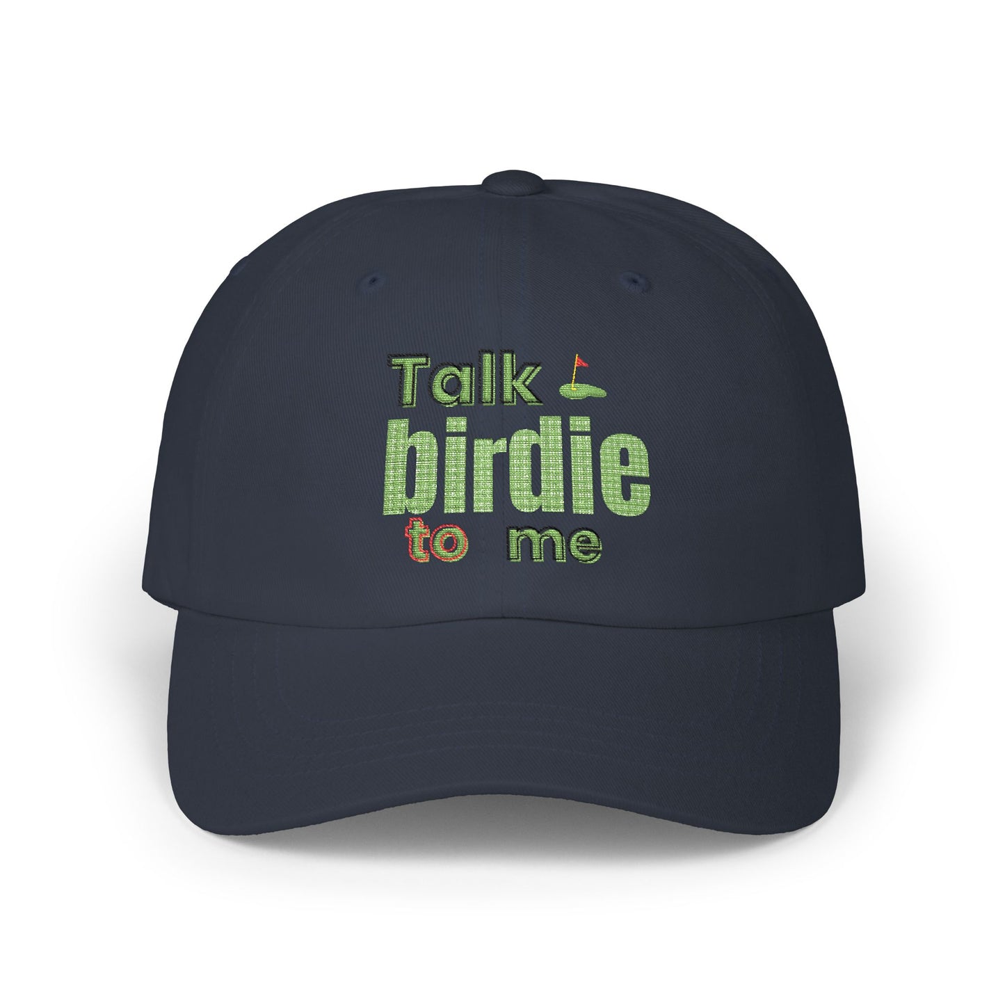 Talk Birdie to Me embroidered hat with putting green design