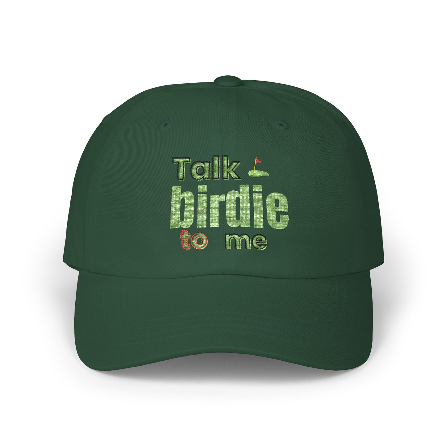 Talk Birdie to Me embroidered hat with putting green design