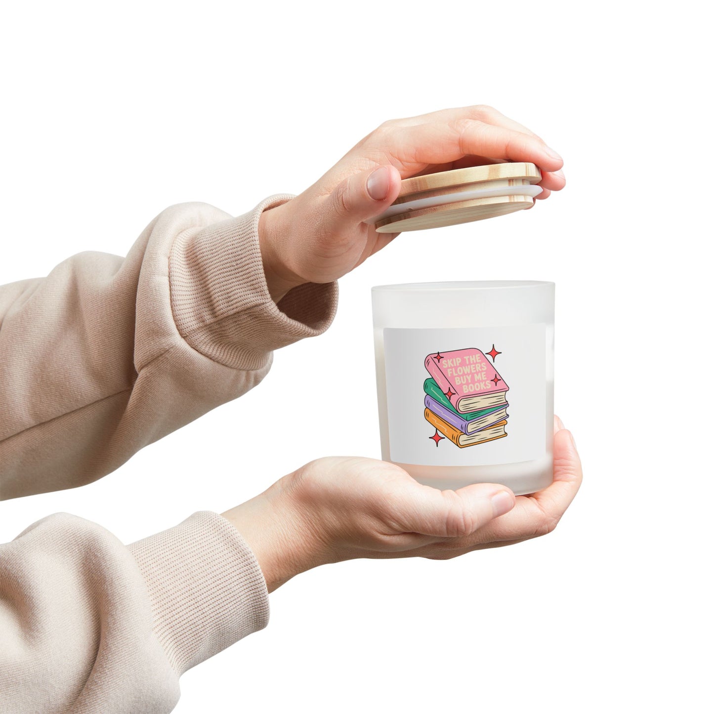 Skip the Flowers Buy Me Books Candle, Frosted Glass 11oz | Book Lover Candle