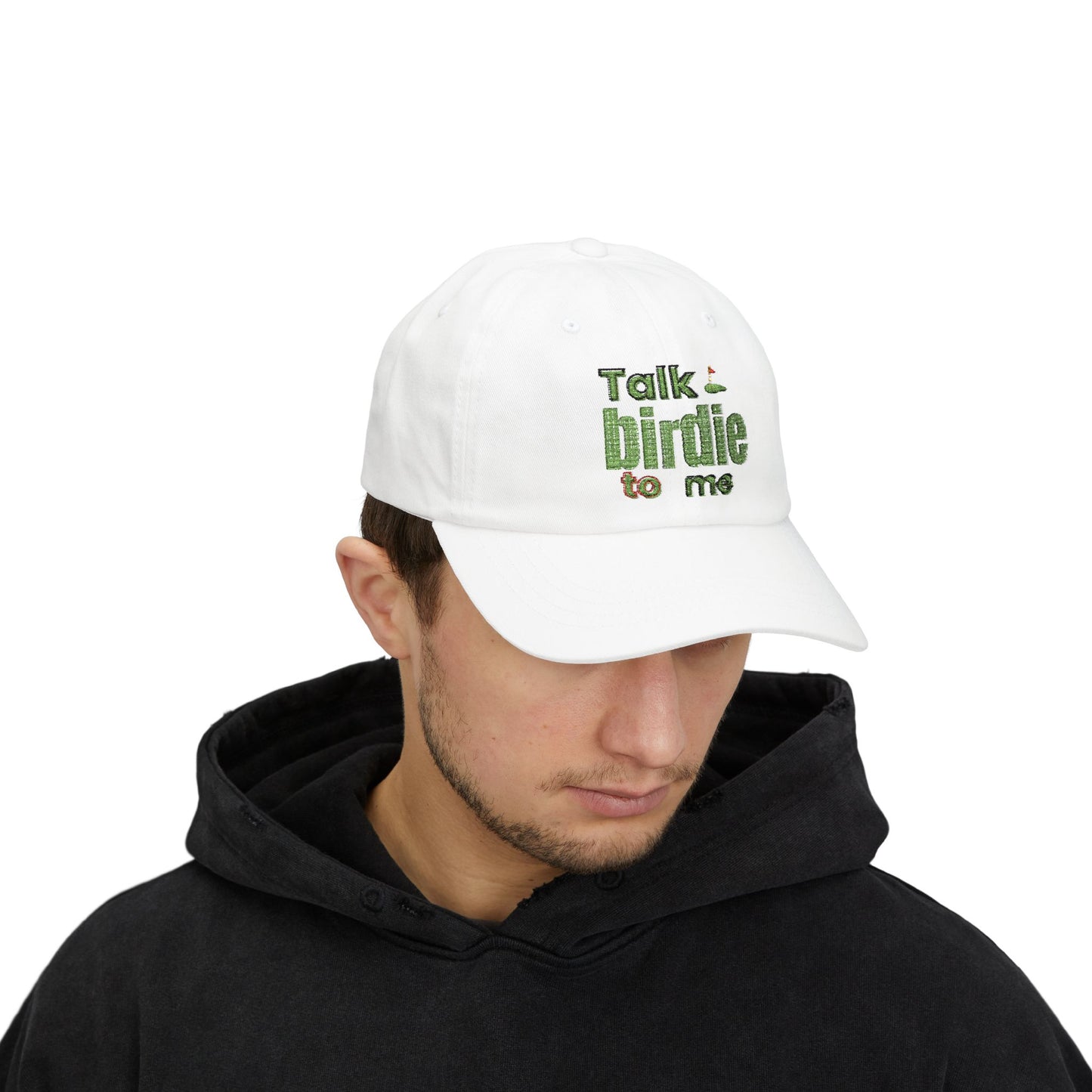 Talk Birdie to Me embroidered hat with putting green design