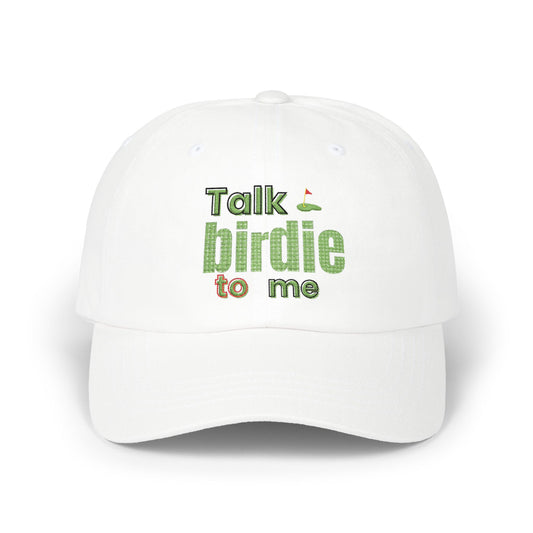 Talk Birdie to Me embroidered hat with putting green design
