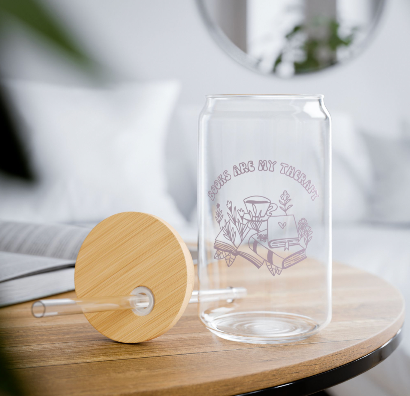 "Books are My Therapy"  Glass Cup with Lid & Straw